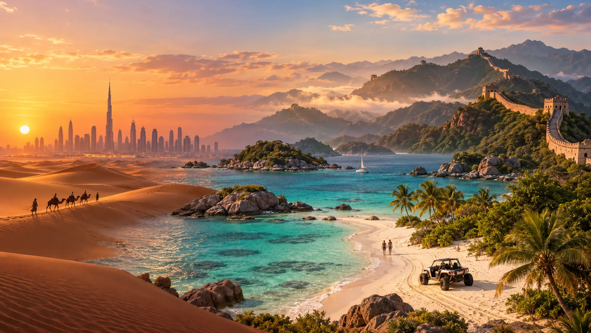 Dubai desert and skyline, a Bahamas beach with a buggy, and the Great Wall of China